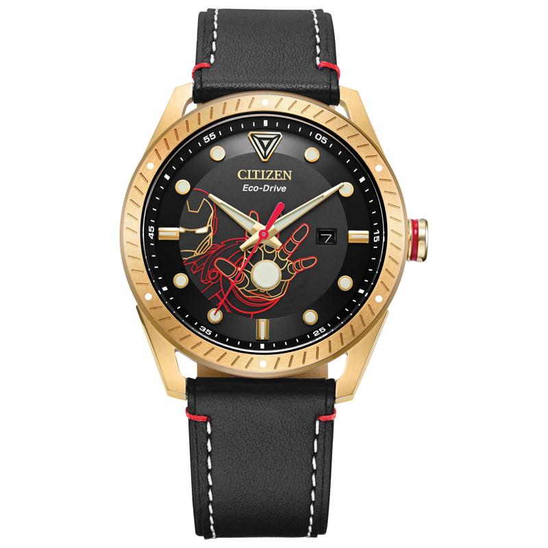 Men's Tony Stark Iron Man Watch in Black Leather and Gold-Tone Stainless Steel, 43MM – Image 1 of 3