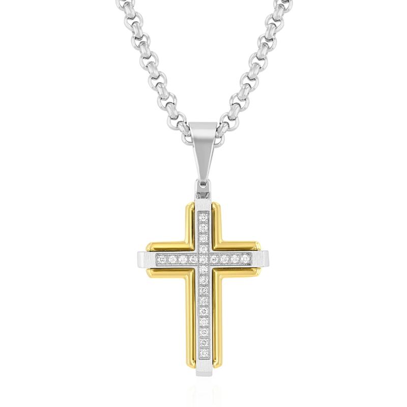 Diamond Cross Pendant in Ion-Plated Stainless Steel &#40;1/7 ct. tw.&#41; – Image 1 of 3