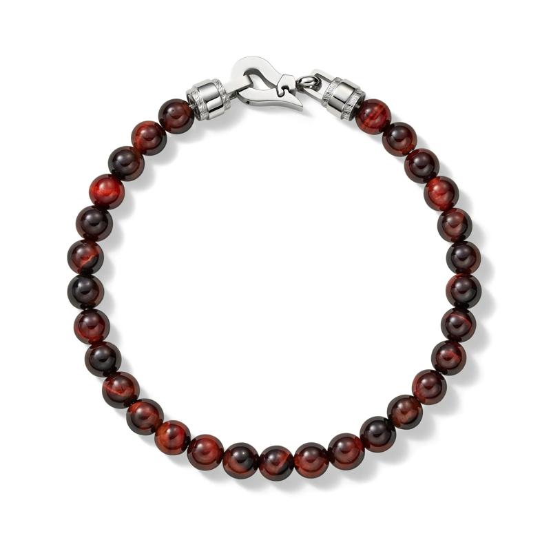 Men&#39;s Red Tiger-Eye Bead Bracelet in Stainless Steel – Image 2 of 5
