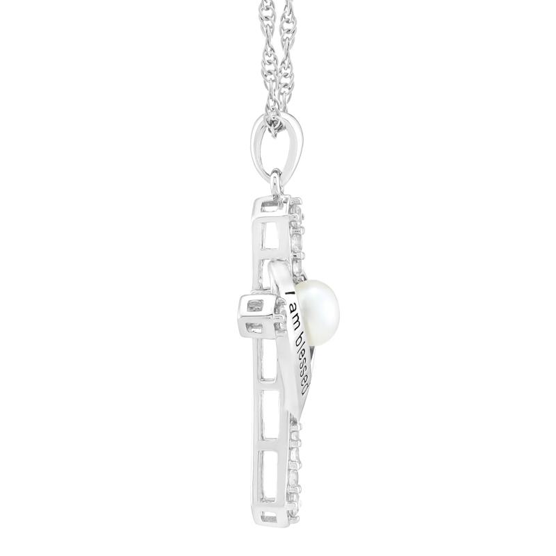 I Am Blessed to Have You Button Pearl and Lab-Created White Sapphire Cross Pendant in Sterling Silver – Image 2 of 3