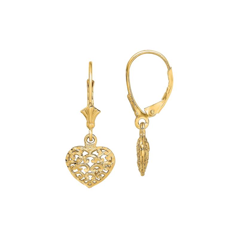 Diamond-Cut Mini Puff Heart Drop Earrings in 14K Yellow Gold – Image 1 of 1