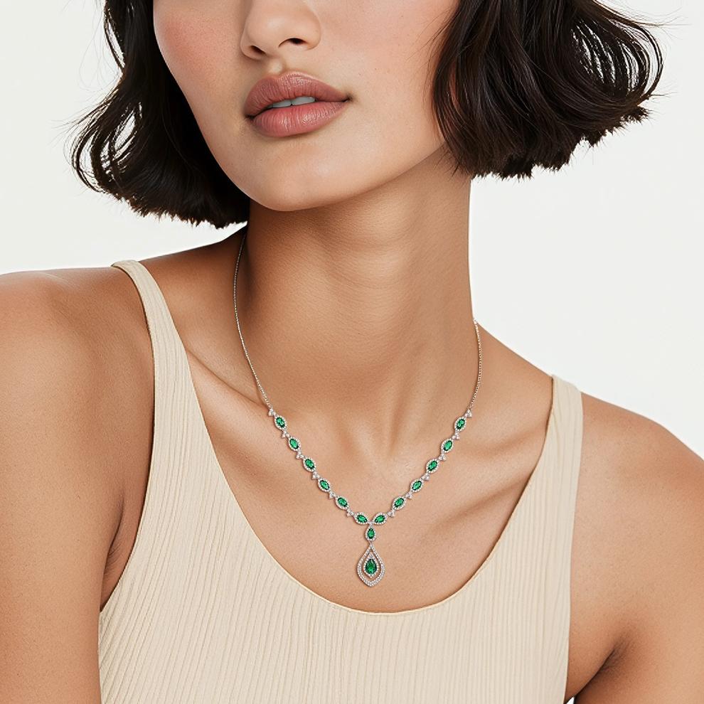 Lab Created Emerald &amp; White Sapphire Necklace in Sterling Silver – Image 3 of 3