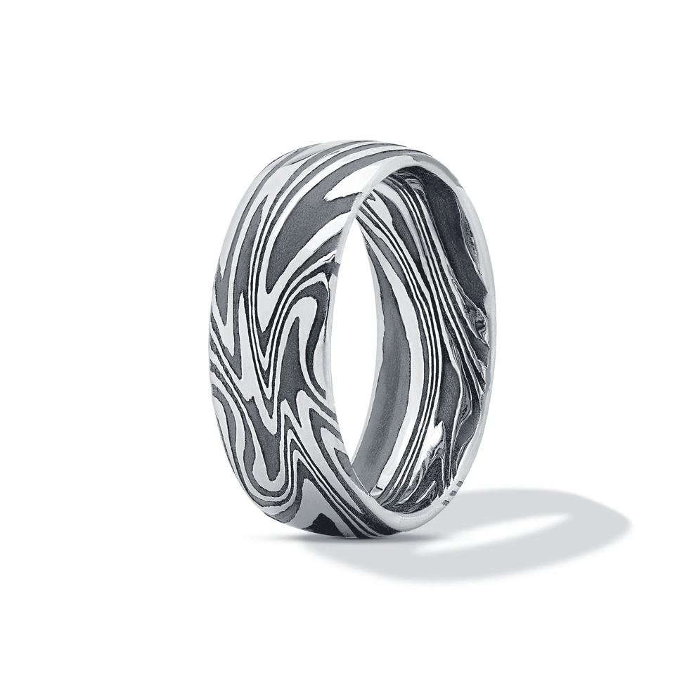 Men's Domed Kinetic Wedding Band in Damascus Steel, 8mm – Image 3 of 4