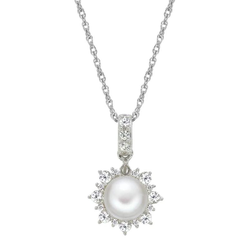 Freshwater Pearl &amp; Lab Created White Sapphire Pendant, Earrings &amp; Ring Boxed Set in Sterling Silver – Image 2 of 8