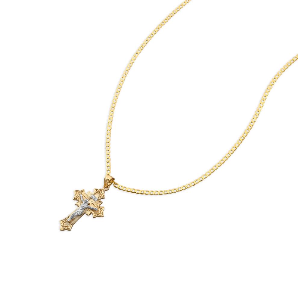 Crucifix Pendant Curb Chain Necklace in 10K Yellow &amp; White Gold – Image 2 of 4