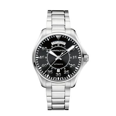 Men's Khaki Aviation Pilot Day Date Auto Watch with Stainless Steel Bracelet