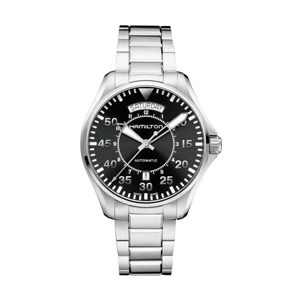 Men's Khaki Aviation Pilot Day Date Auto Watch with Stainless Steel Bracelet – Image 1 of 3