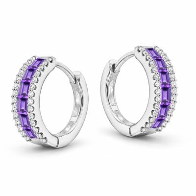 Amethyst & Diamond Hoop Earrings in 10K White Gold (1/4 ct. tw.)
