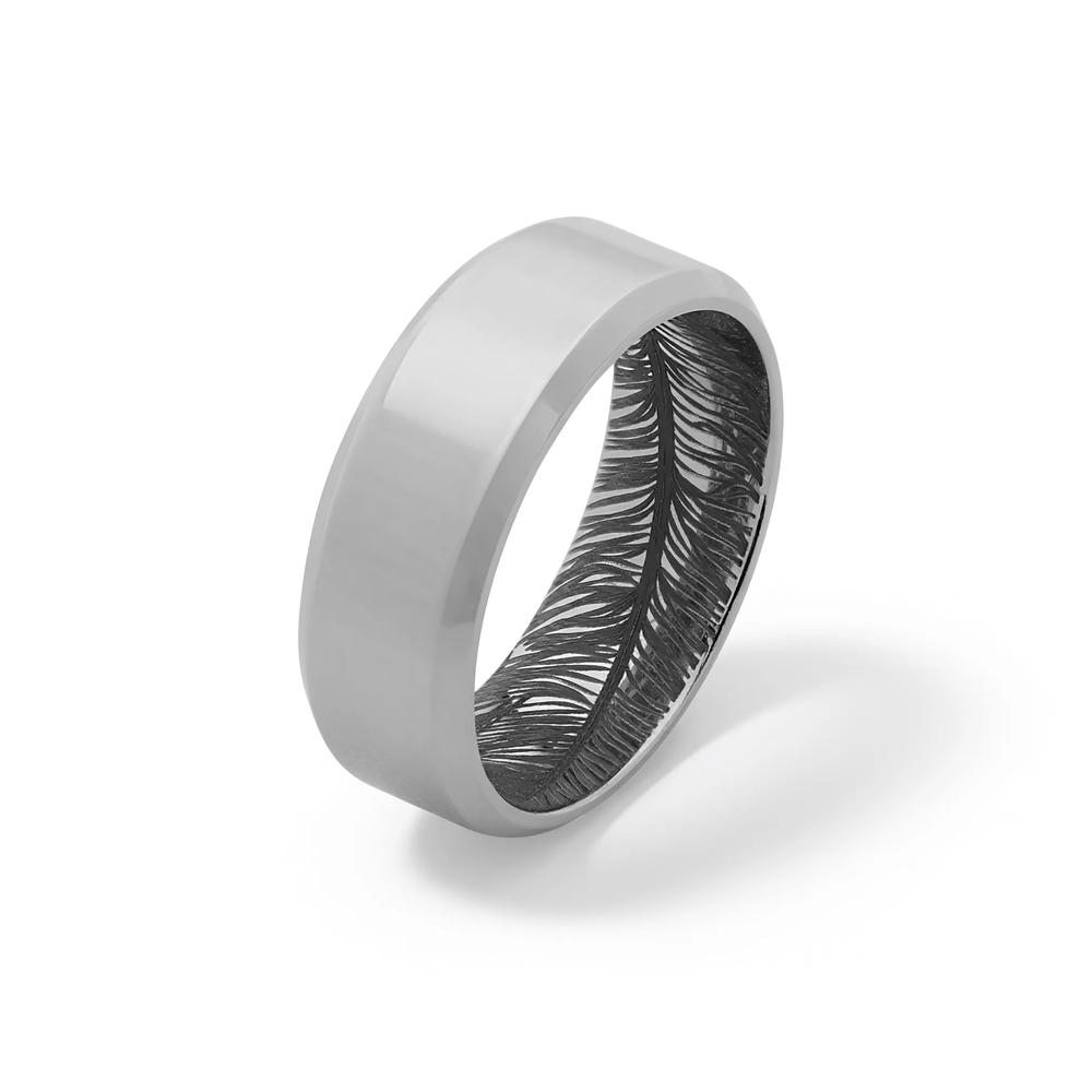 Men's High Bevel Band with Interior Feather Engraving in Titanium, 8mm – Image 4 of 4
