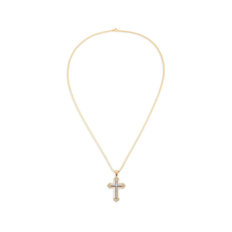 Polished Solid Step Cross Pendant Curb Chain Necklace in 10K Yellow &amp; White Gold – Image 2 of 4