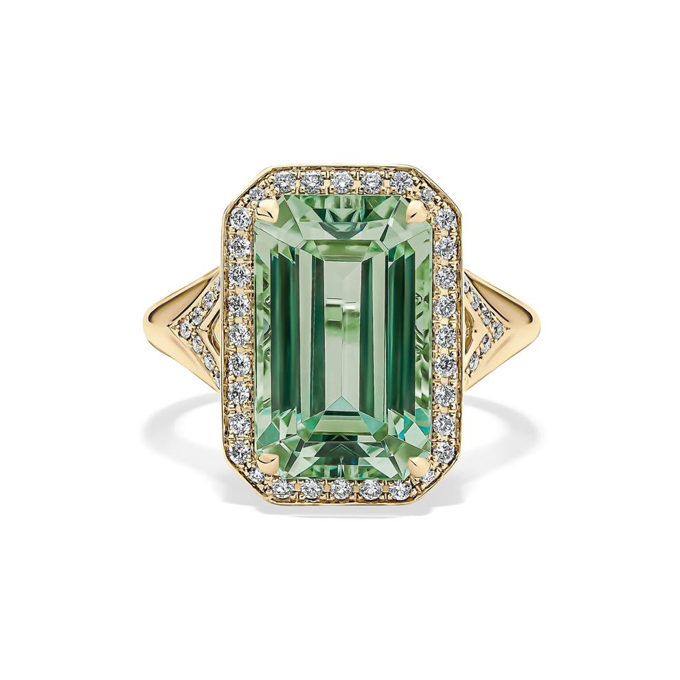 Green Tourmaline &amp; Diamond Halo Ring in 14K Yellow Gold (1/4 ct. tw.) – Image 1 of 4