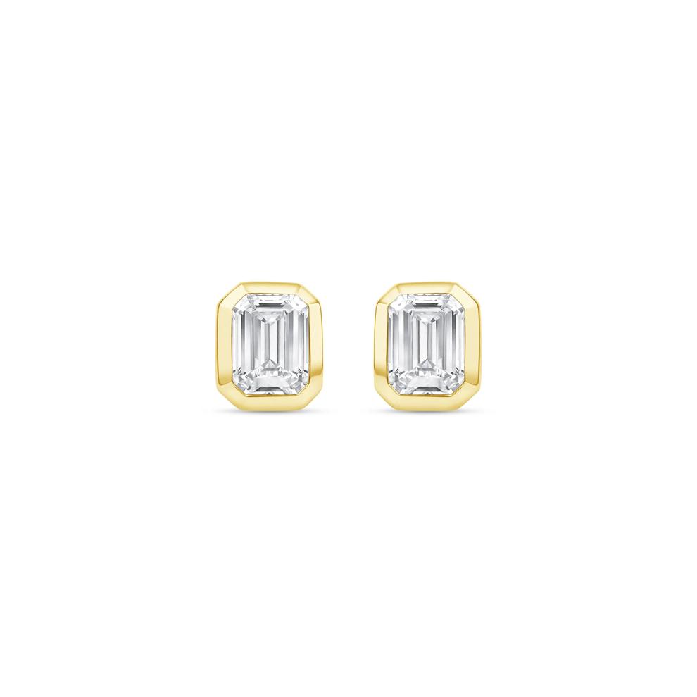 Lab Grown Diamond Emerald-Cut Bezel-Set Solitaire Stud Earrings in 14K Yellow Gold (1/3 ct. tw.) – Image 2 of 3