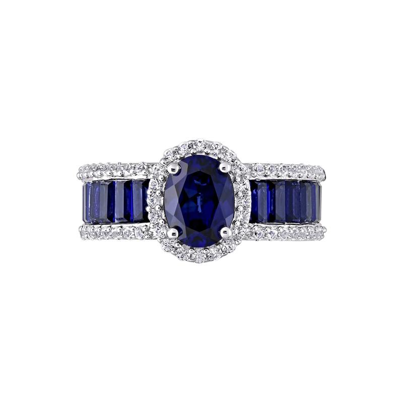 Oval Lab Created Blue &amp; White Sapphire Halo Ring in Sterling Silver – Image 1 of 5