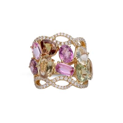 Mixed Tourmaline & Diamond Wide Band Scatter Ring in 14K Yellow Gold (3/4 ct. tw.)