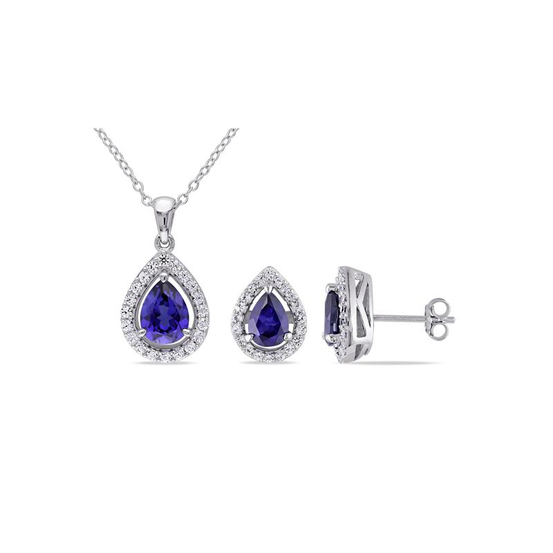 Lab Created Blue and White Sapphire Pear Shaped Set in Sterling Silver – Image 1 of 6