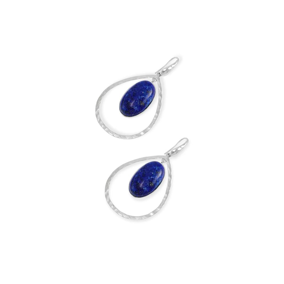 Blue Lapis Hammered Open Dangle Teardrop Earrings in Sterling Silver – Image 2 of 2