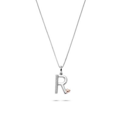 Diamond Accent Initial R Pendant in Sterling Silver and 14K Rose Gold