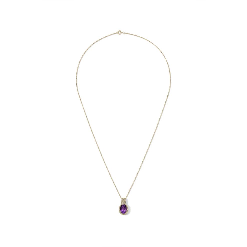 Oval Purple Amethyst &amp; Diamond Pendant Necklace in 10K Yellow Gold (1/8 ct. tw.) – Image 3 of 4