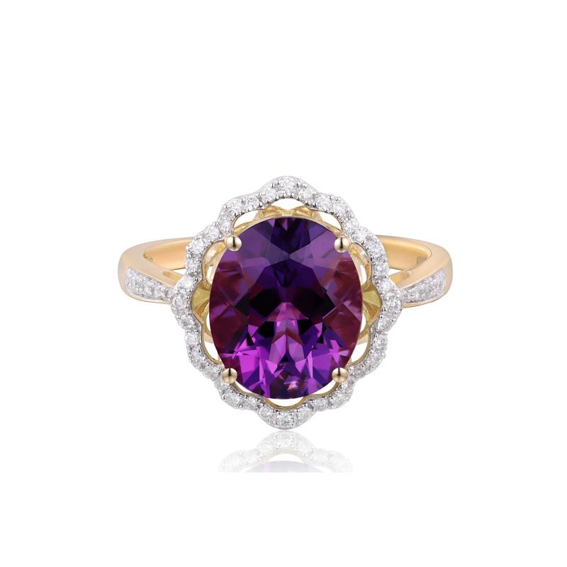 Amethyst and Diamond Scalloped Halo Ring in 10K Yellow Gold &#40;1/7 ct. tw.&#41; – Image 1 of 3