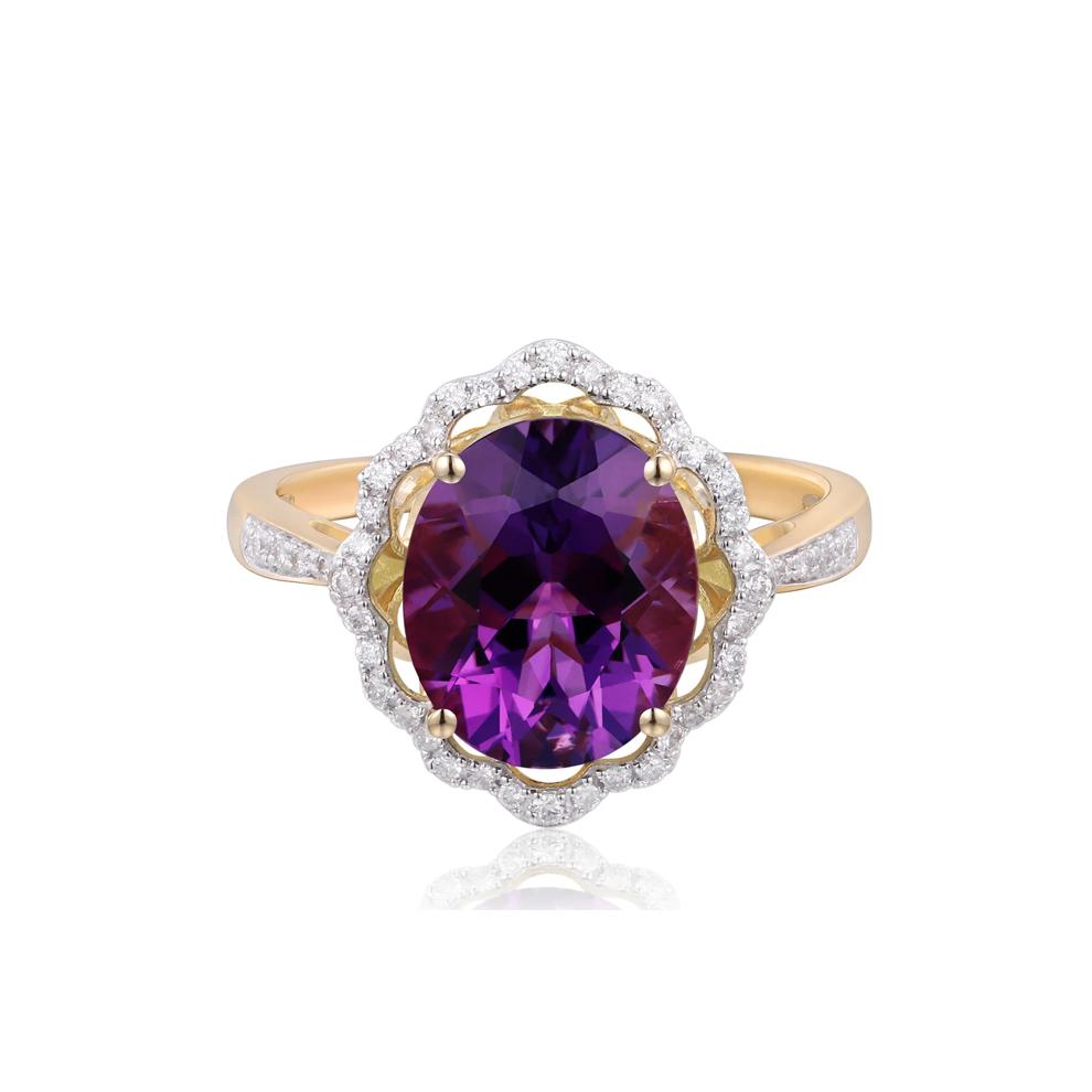 Amethyst and Diamond Scalloped Halo Ring in 10K Yellow Gold (1/7 ct. tw.) – Image 1 of 3