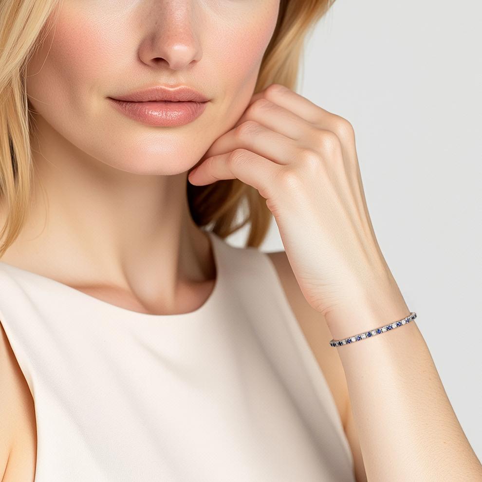 Blue Sapphire &amp; Diamond Tennis Bracelet in 10K White Gold (1/7 ct. tw.) – Image 2 of 2
