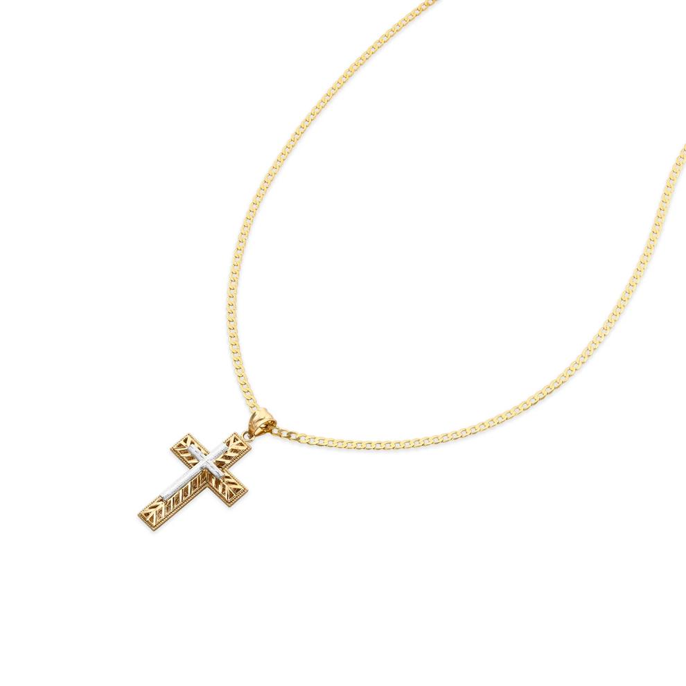 Cross Pendant Curb Chain Necklace in 10K Yellow &amp; White Gold – Image 2 of 4