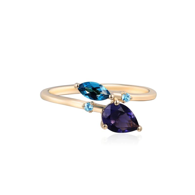 Bypass Ring with Iolite, London Blue Topaz and Swiss Blue Topaz in 10K Yellow Gold – Image 1 of 3
