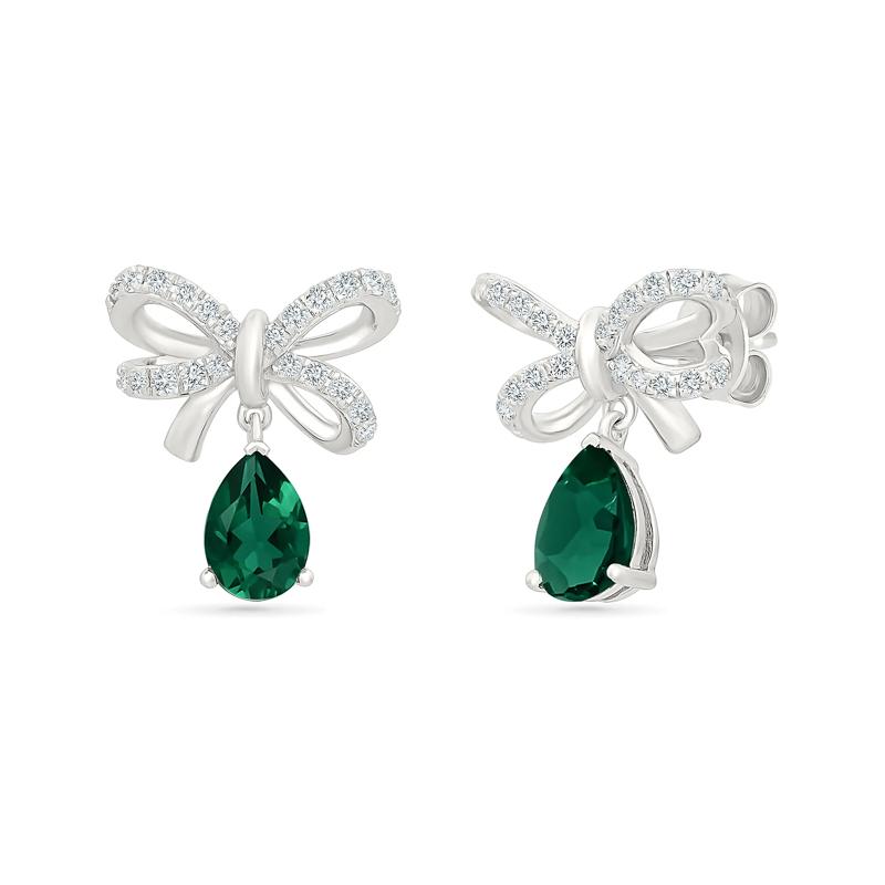 Lab-Created Emerald &amp; Lab-Created White Sapphire Bow Drop Earrings in Sterling Silver – Image 1 of 3