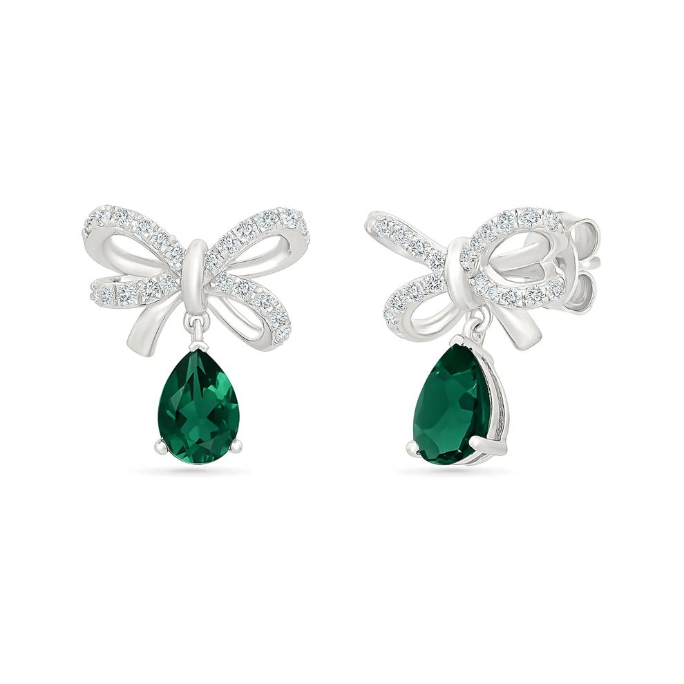 Lab-Created Emerald &amp; Lab-Created White Sapphire Bow Drop Earrings in Sterling Silver – Image 1 of 3