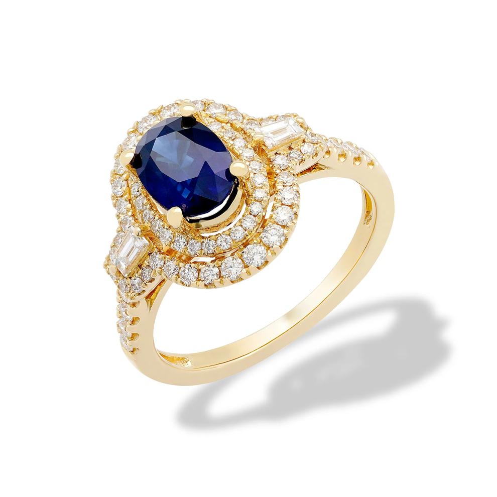 Blue Sapphire &amp; Diamond Halo Ring in 18K Yellow Gold (1/2 ct. tw.) – Image 2 of 2