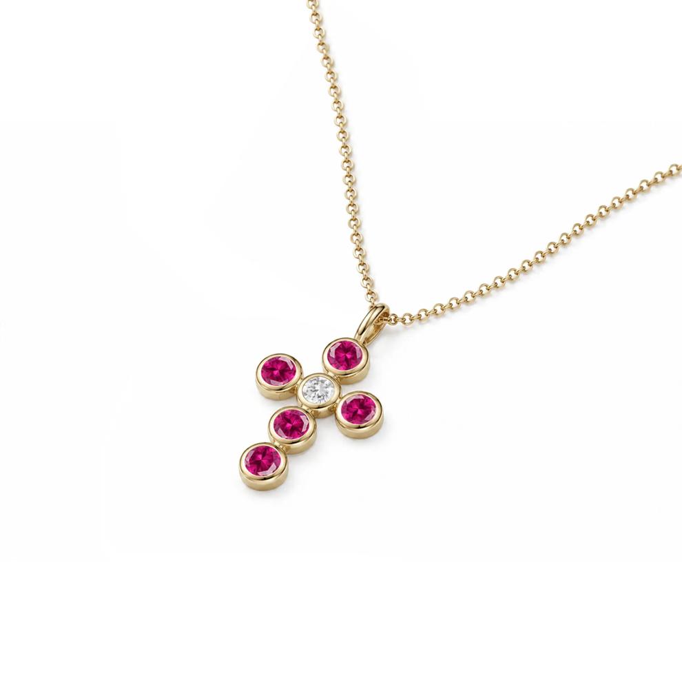 Lab-Created Ruby &amp; Diamond Accent Cross Pendant Necklace in 10K Yellow Gold – Image 4 of 4