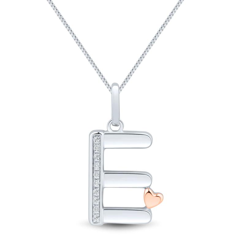 Diamond Accent Initial E Pendant in Sterling Silver and 14K Rose Gold – Image 1 of 3