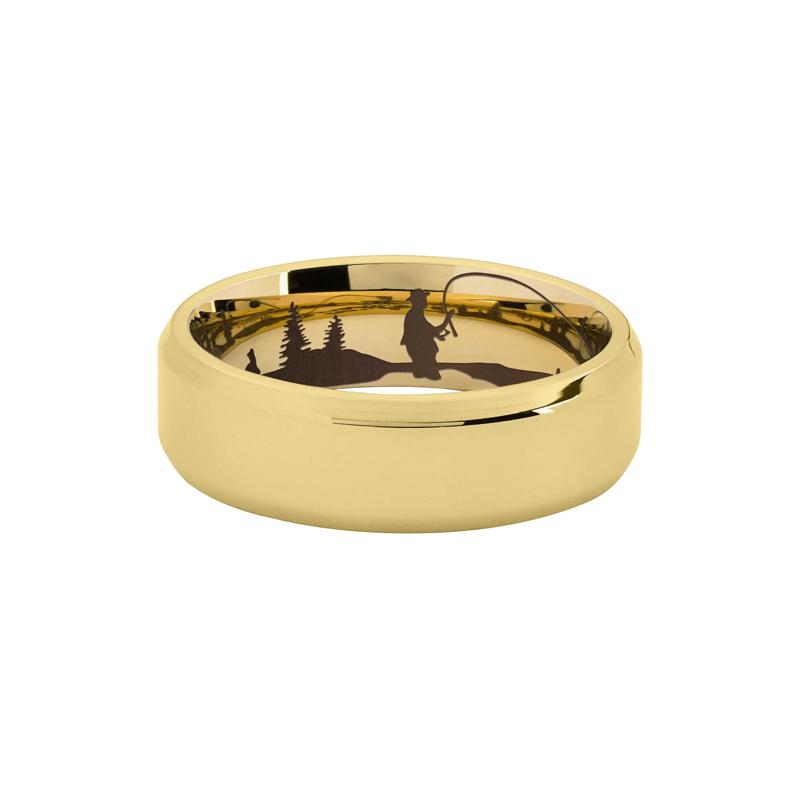 Men&#39;s High Bevel Fly Fishing Band in 14K Yellow Gold, 7MM – Image 1 of 3