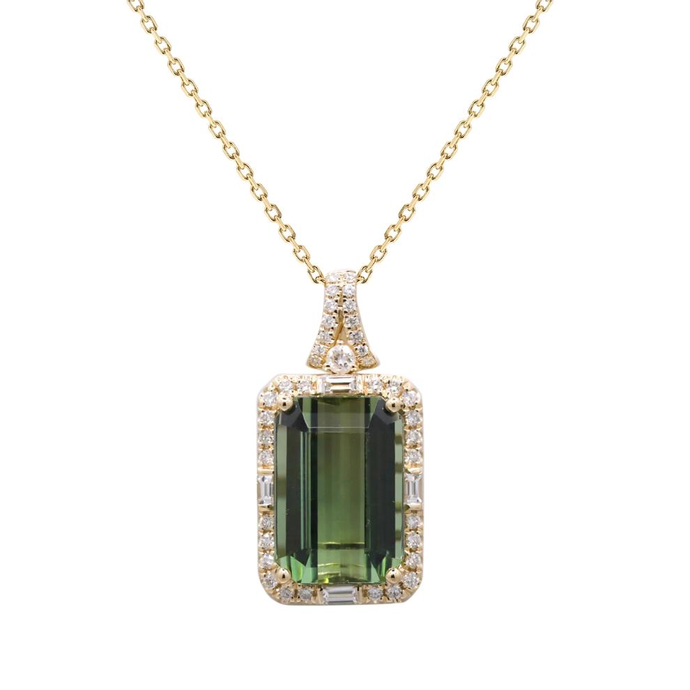 Green Tourmaline &amp; Diamond Halo Pendant Necklace in 14K Yellow Gold (3/8 ct. tw.) – Image 1 of 4