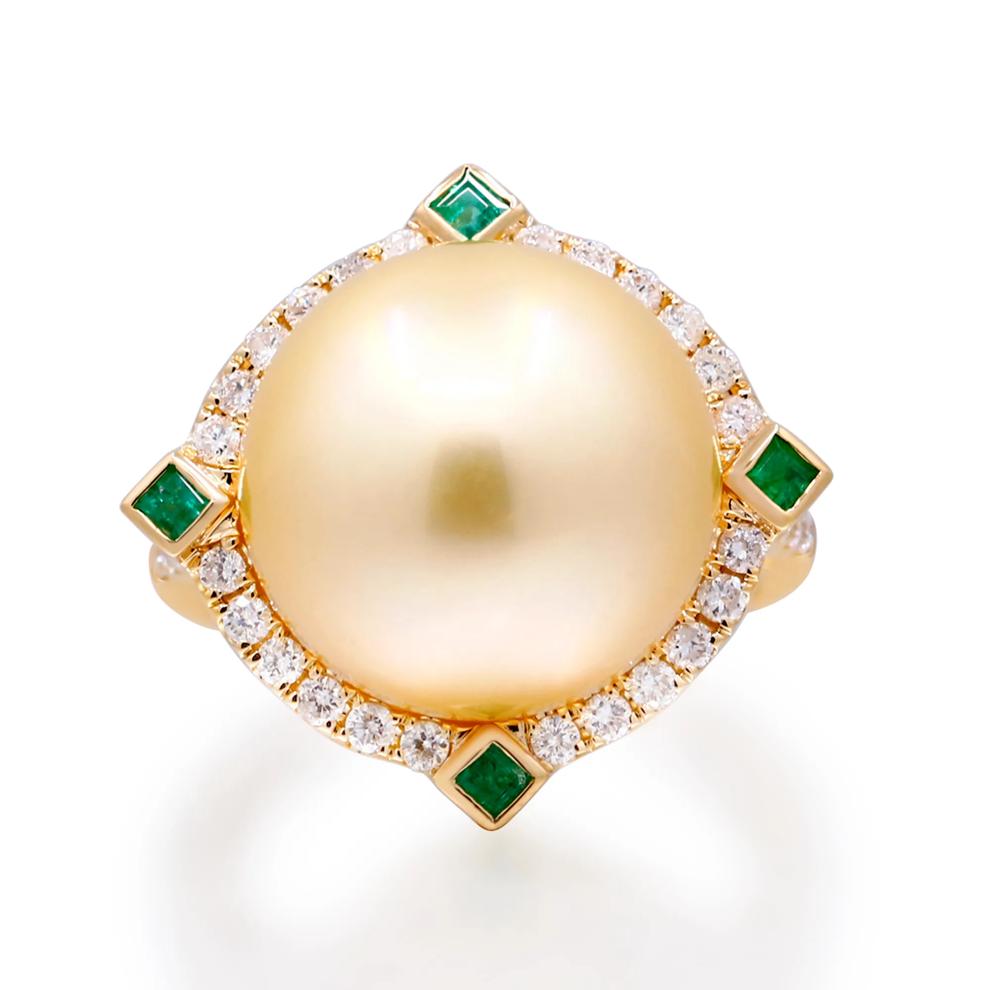 Diamond, Pearl and Emerald Ring in 18K Yellow Gold (1/2 ct. tw.) – Image 1 of 3