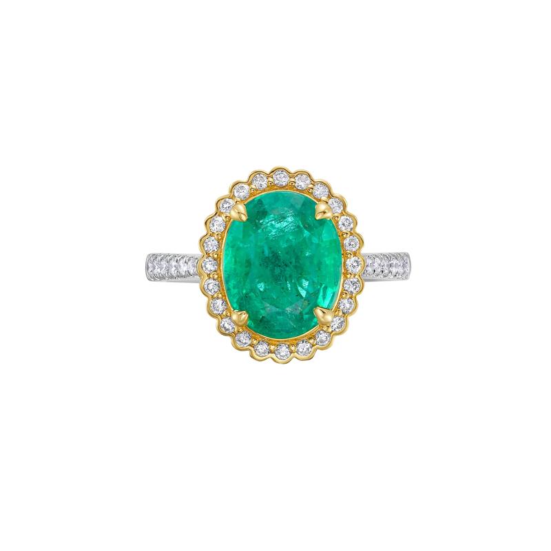 Emerald and Diamond Halo Ring in 14K White and Yellow Gold &#40;3/8 ct. tw.&#41; – Image 1 of 4