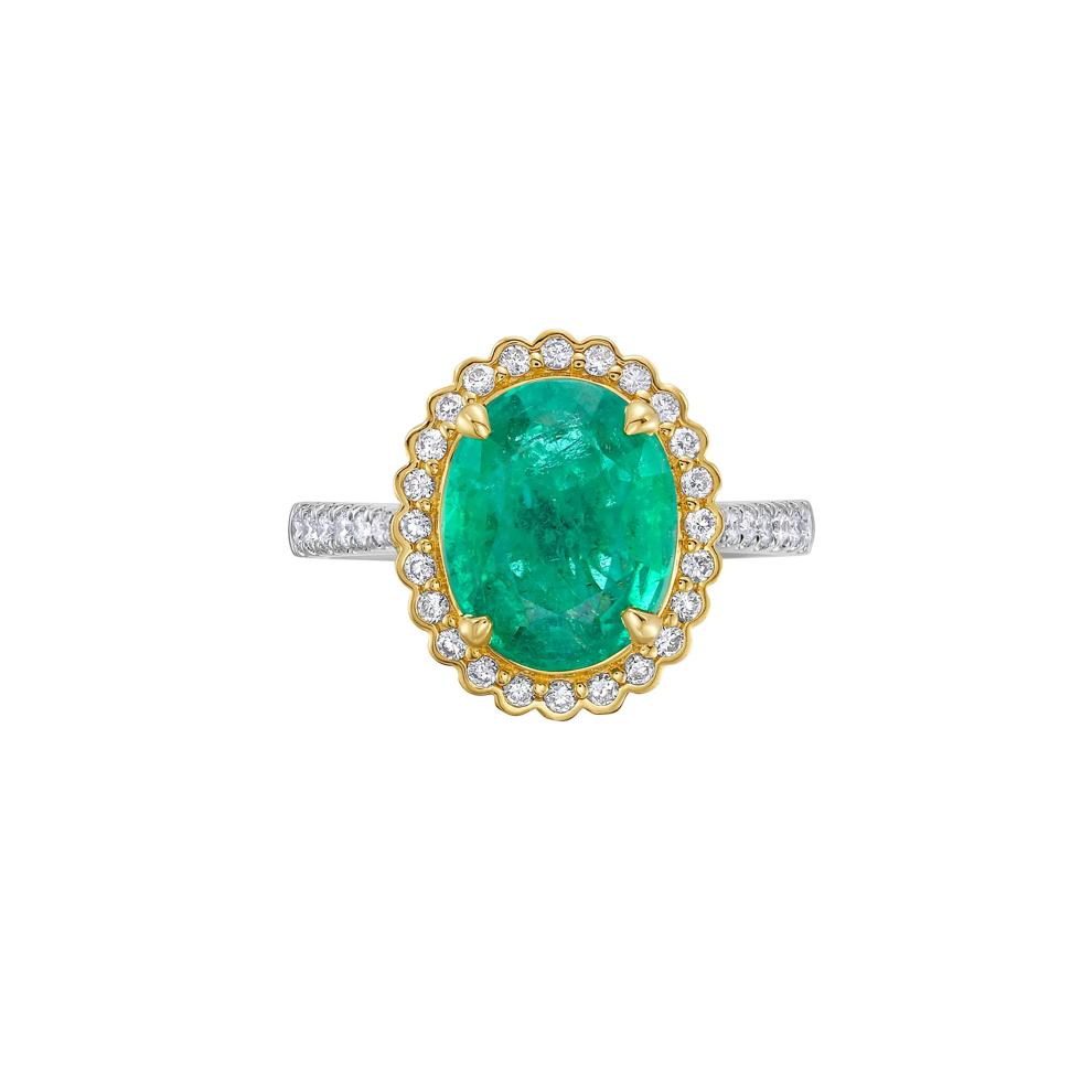 Emerald and Diamond Halo Ring in 14K White and Yellow Gold (3/8 ct. tw.) – Image 1 of 4