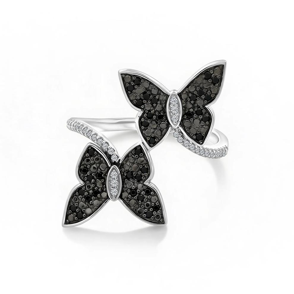 Black &amp; White Diamond Butterfly Ring in Sterling Silver (1/4 ct. tw.) – Image 1 of 4