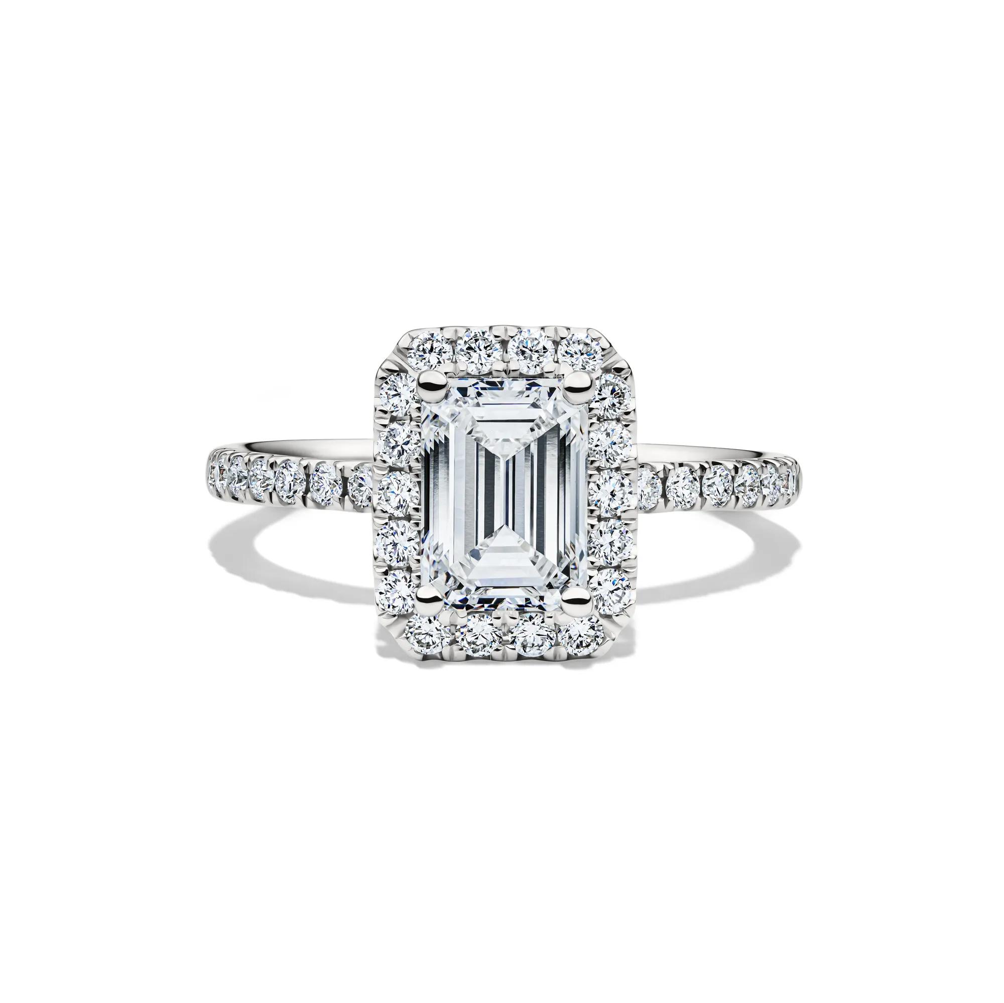 Lab Grown Diamond Emerald-Cut Halo Engagement Ring in 14K White Gold (2 ...