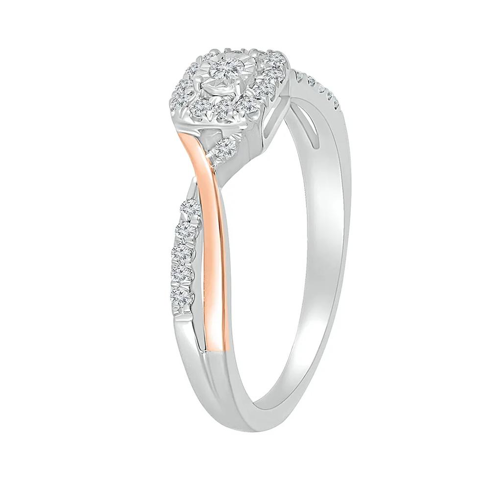 Halo Promise Ring with Diamond Twist Band in Sterling Silver &amp; 10K Rose Gold (1/5 ct. tw.) – Image 4 of 4