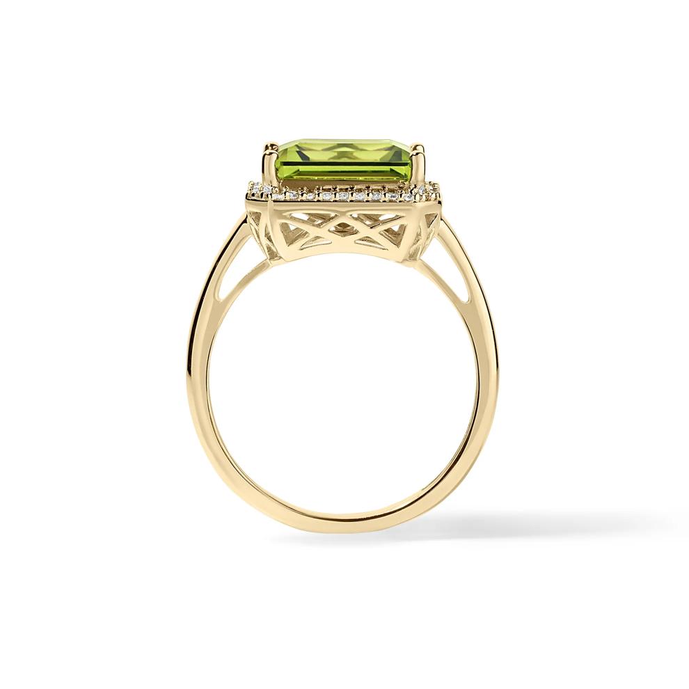 Emerald-Cut Peridot &amp; Diamond Halo Ring in 10K Yellow Gold (1/10 ct. tw.) – Image 2 of 4