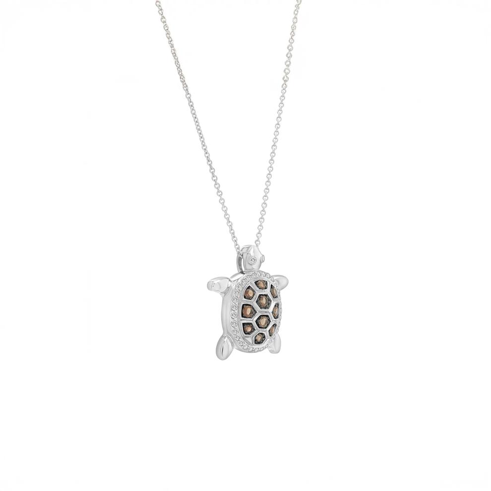 Lab-Created White Sapphire and Smoky Brown Quartz Turtle Pendant in Sterling Silver – Image 2 of 3