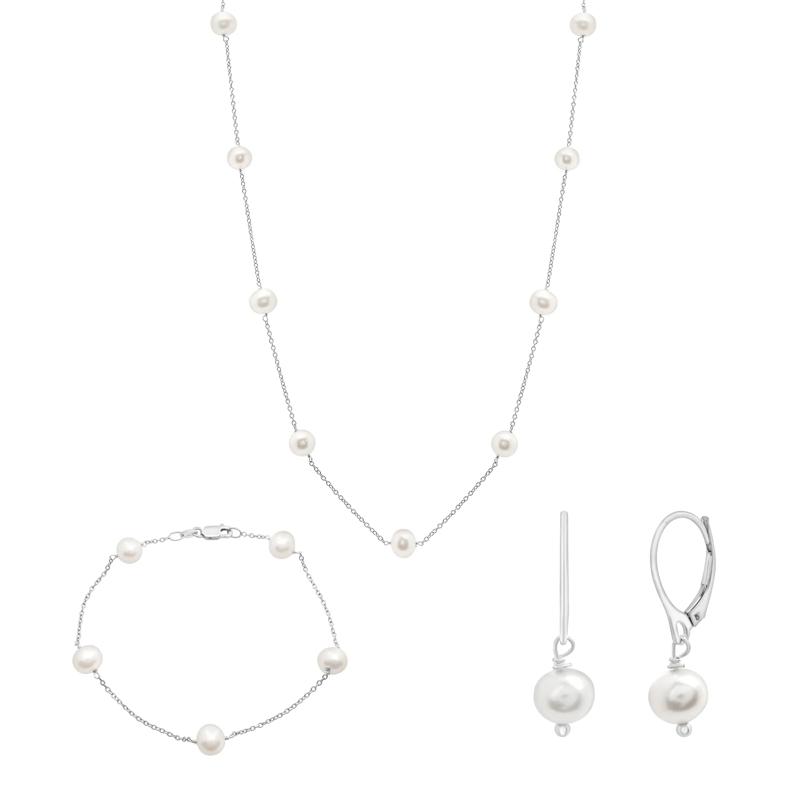 Freshwater Cultured Pearl Earring, Bracelet and Necklace Box Set in Sterling Silver – Image 1 of 7