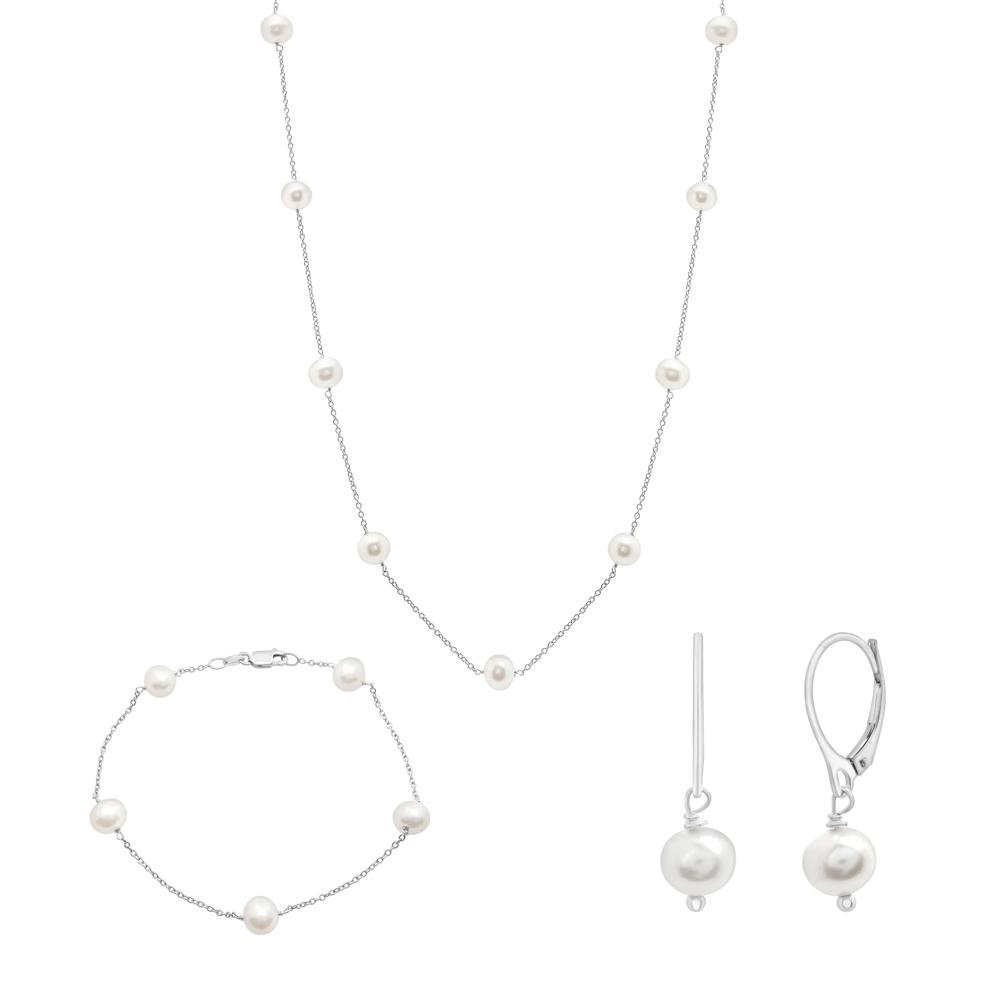 Freshwater Cultured Pearl Earring, Bracelet and Necklace Box Set in Sterling Silver – Image 1 of 7
