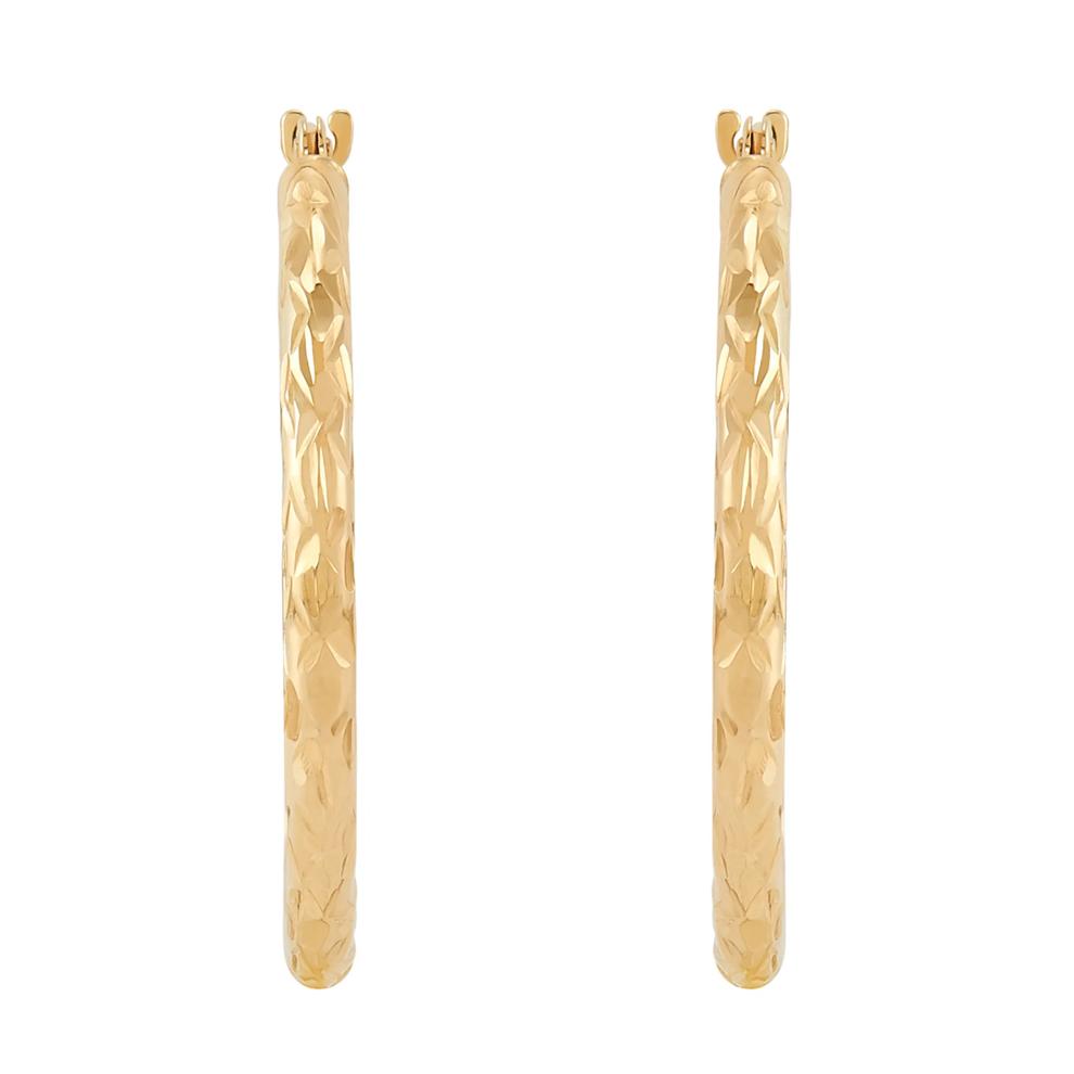 Crystal Cut Round Hoop Earrings in 10K Yellow Gold, 25MM – Image 2 of 3