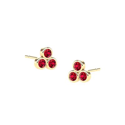 Ruby Three-Stone Pyramid Stud Earrings in 14K Yellow Gold