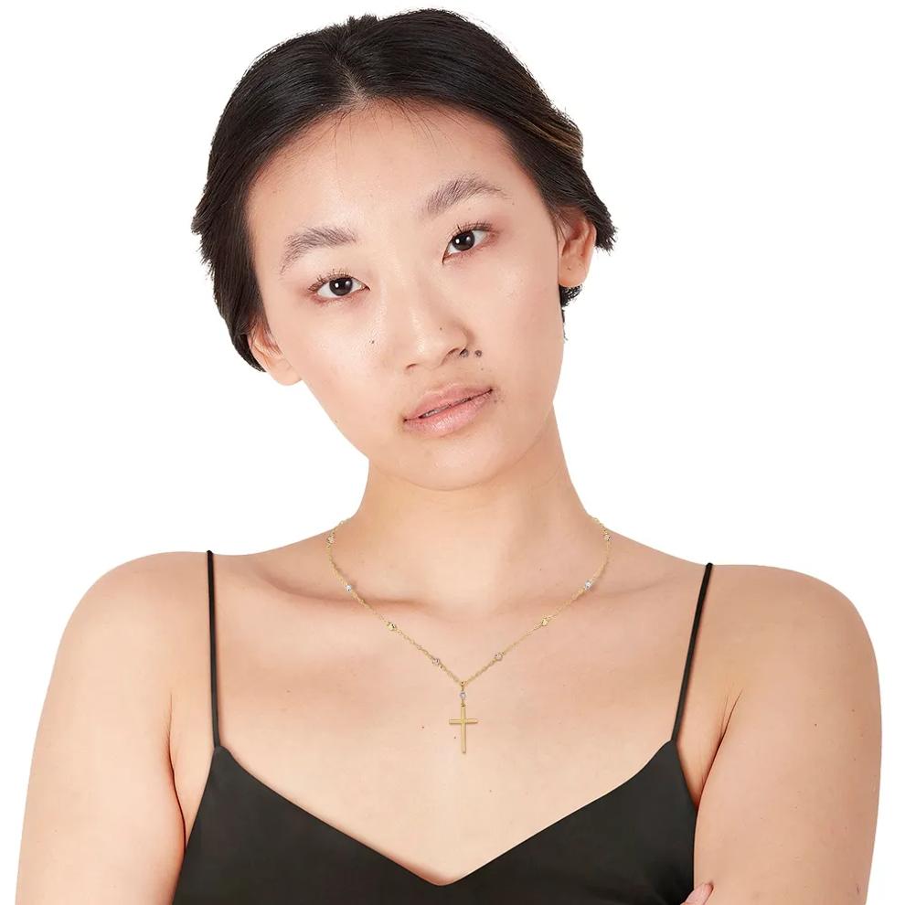 Tricolor Bead Cross Necklace in 14K Gold – Image 5 of 6
