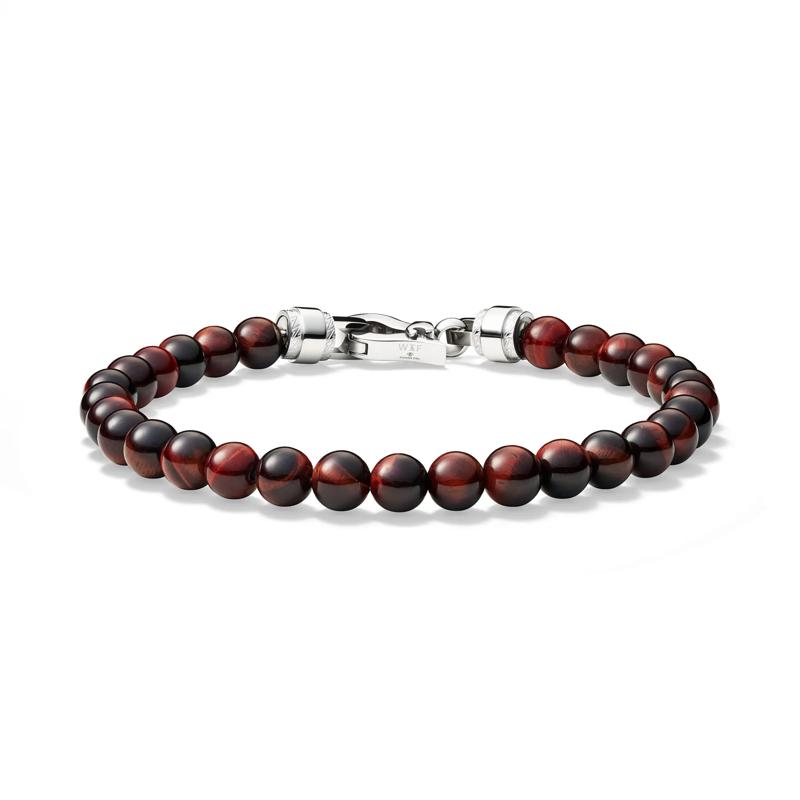 Men&#39;s Red Tiger-Eye Bead Bracelet in Stainless Steel – Image 1 of 5