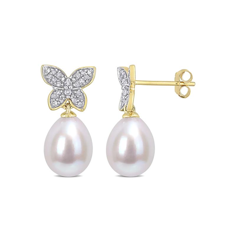 Cultured Freshwater Pearl Earrings with Diamond Butterflies in 10K Yellow Gold &#40;1/8 ct. tw.&#41; – Image 1 of 4
