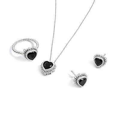 Onyx Beaded Heart Pendant, Earrings, & Ring Boxed Set in Sterling Silver